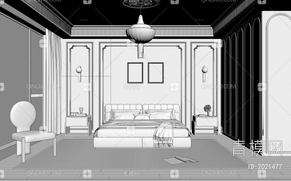 卧室 吊灯 床 休闲椅3D模型下载【ID:2021477】