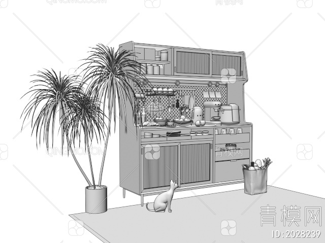 餐边柜 装饰柜 储物柜 厨房电器 厨房用品3D模型下载【ID:2028239】
