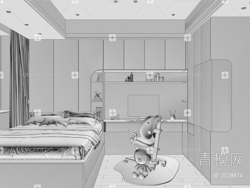 书桌衣柜一体式榻榻米儿童卧室3D模型下载【ID:2028874】