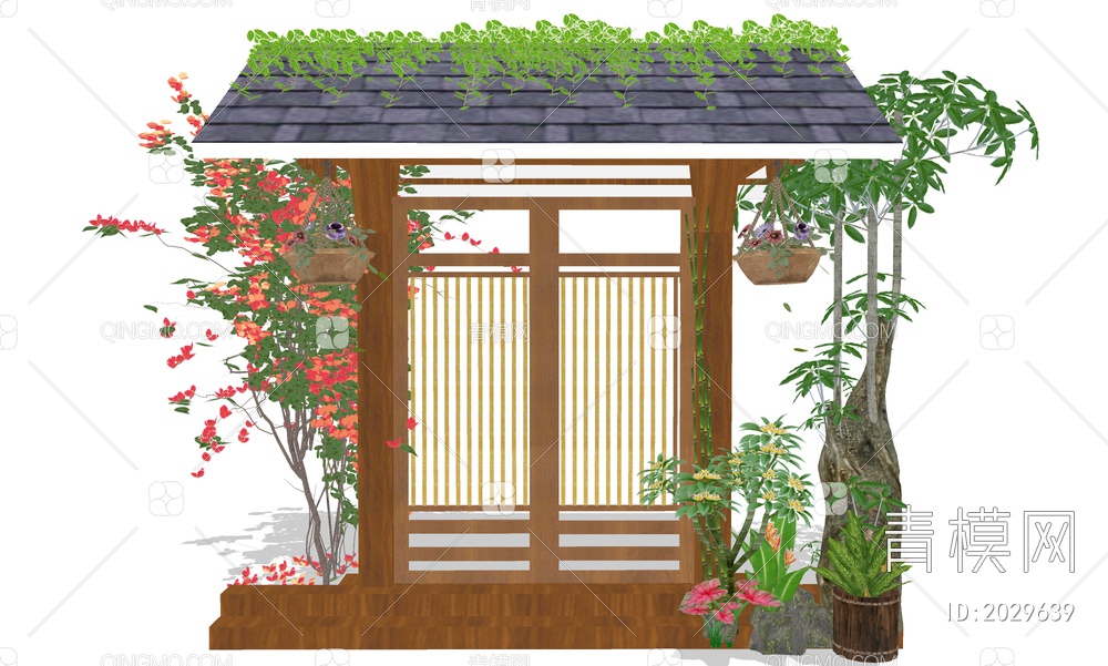 庭院景观门 绿植实木门SU模型下载【ID:2029639】