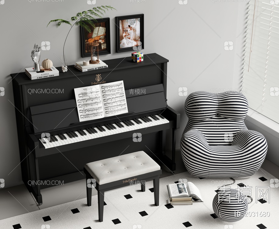 黑色烤漆钢琴 电子钢琴SU模型下载【ID:2031680】