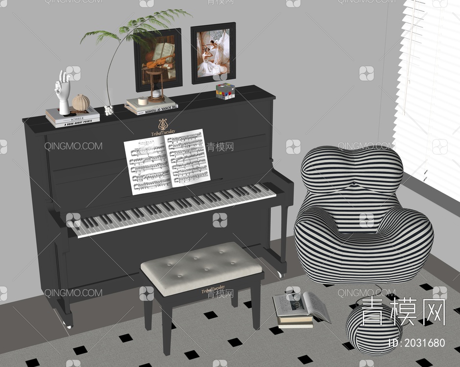 黑色烤漆钢琴 电子钢琴SU模型下载【ID:2031680】