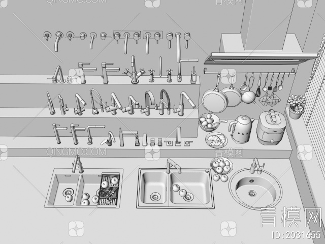 水龙头 不锈钢水龙头 水槽 洗菜盆 厨房用品 油烟机3D模型下载【ID:2031655】