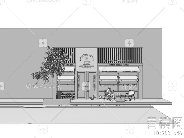 咖啡厅门头门面 户外桌椅 折叠窗 店铺招牌 遮阳棚3D模型下载【ID:2031646】