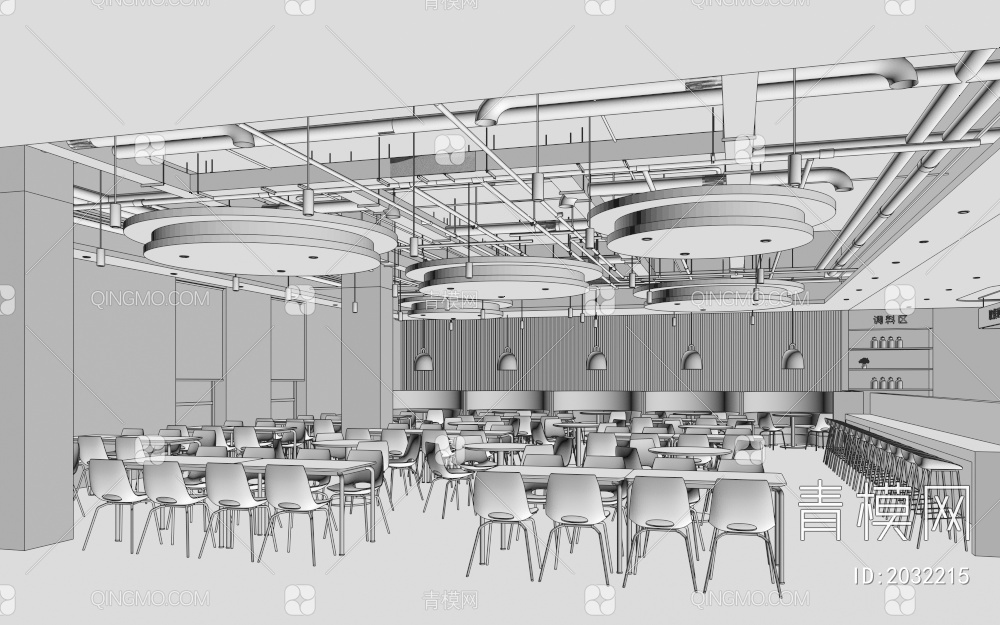 员工食堂 餐厅3D模型下载【ID:2032215】