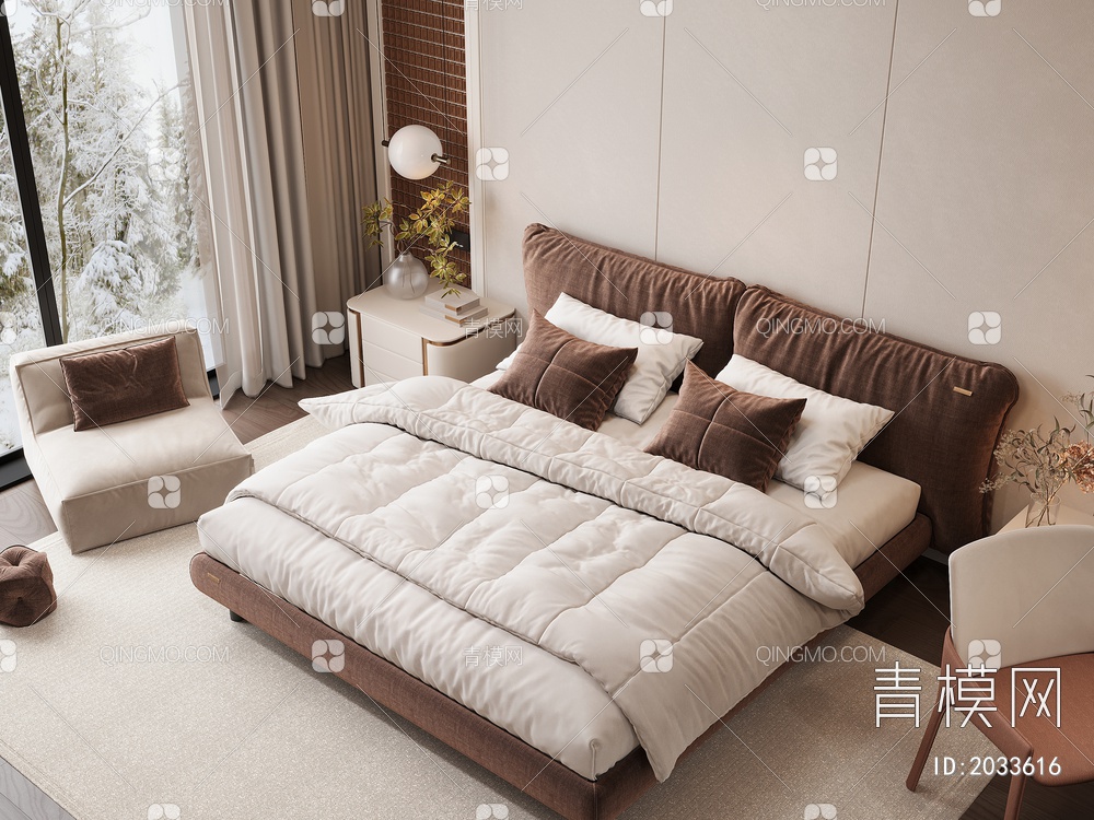家居卧室 双人床 主卧 床头柜 饰品摆件3D模型下载【ID:2033616】