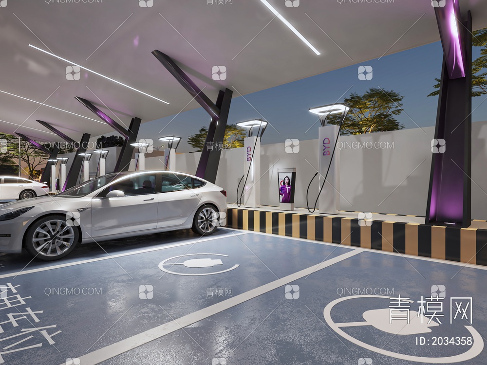 新能源充电站 比亚迪充电桩 户外停车场 汽车跑车3D模型下载【ID:2034358】