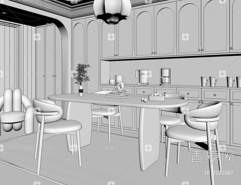 奶油餐厅 餐桌 餐椅 吊灯3D模型下载【ID:2032587】