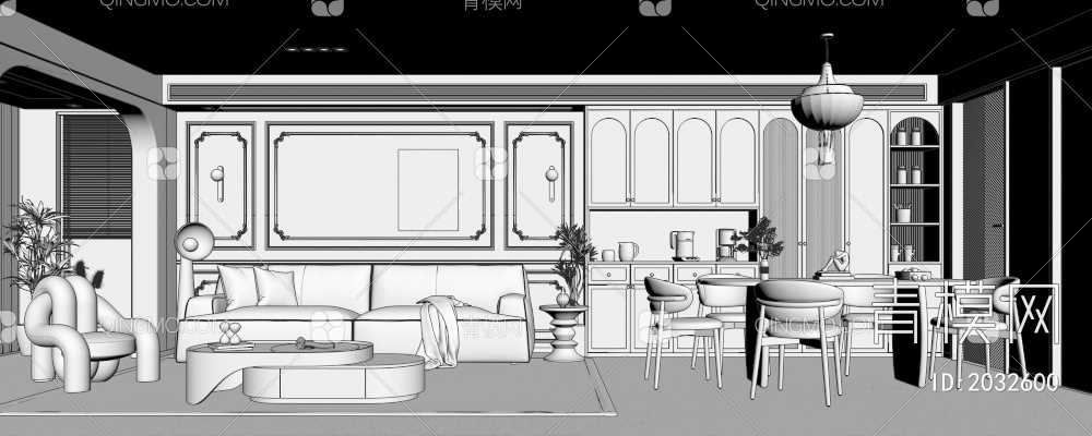客餐厅 沙发 餐桌 吊灯 休闲椅3D模型下载【ID:2032600】