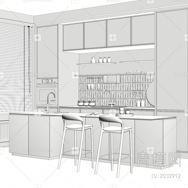 开放式厨房 吧台吧椅组合3D模型下载【ID:2032912】