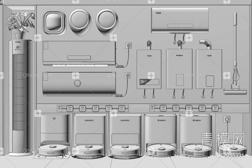 家用电器组合 扫地机器人 热水器壁挂式空调洗衣机3D模型下载【ID:2035331】