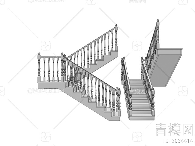 实木扶手楼梯 转角楼梯 扶手栏杆3D模型下载【ID:2034414】