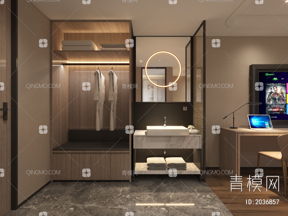 酒店客房双人间+卫生间3D模型下载【ID:2036857】