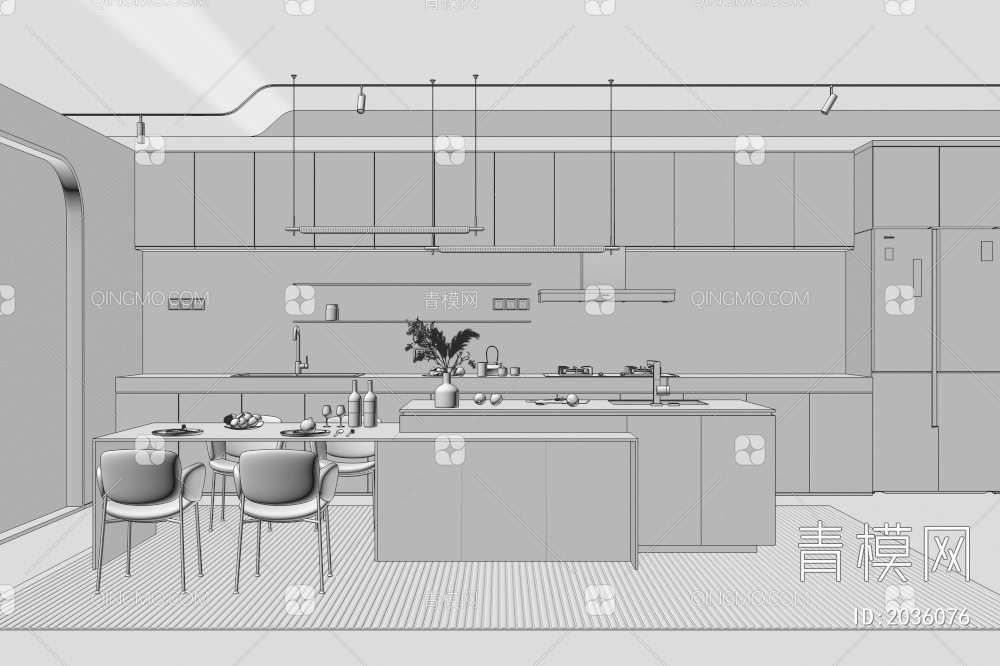 开放式中岛台厨房3D模型下载【ID:2036076】