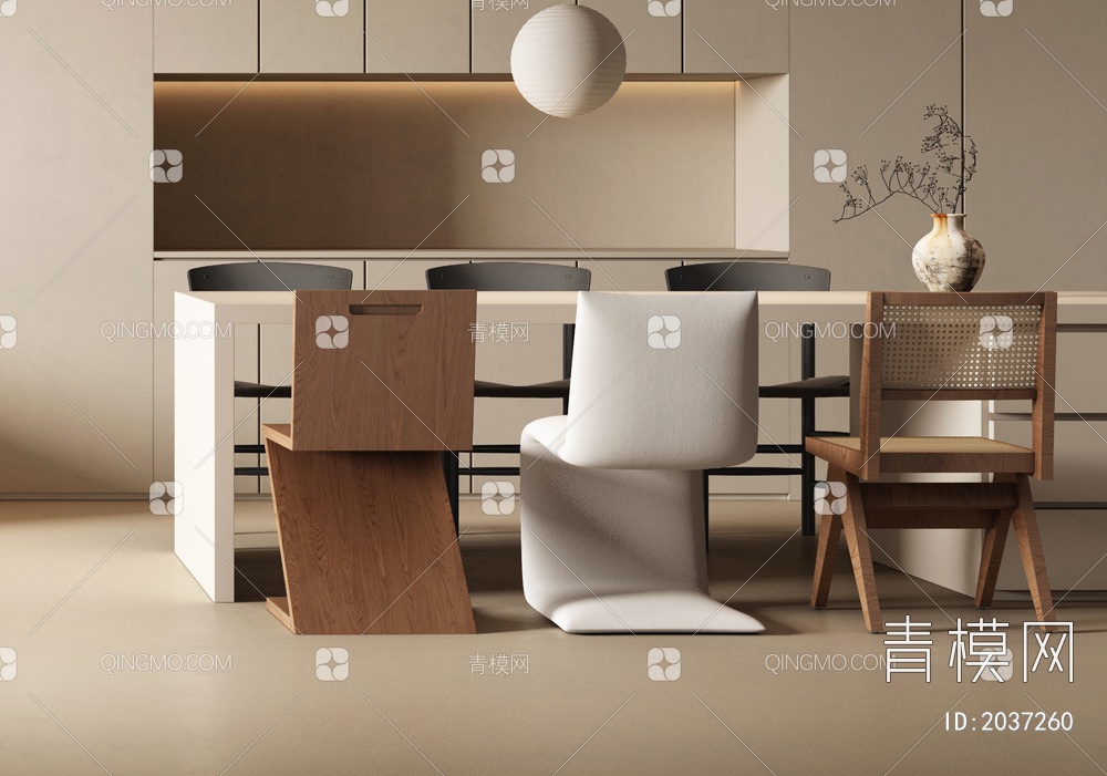 客餐厅 沙发组合 弧形沙发 奶油风桌椅 吊灯3D模型下载【ID:2037260】