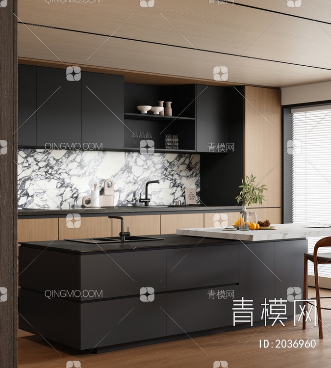 开放式厨房 吧台吧椅3D模型下载【ID:2036960】