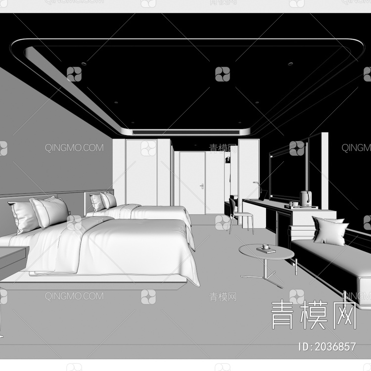 酒店客房双人间+卫生间3D模型下载【ID:2036857】