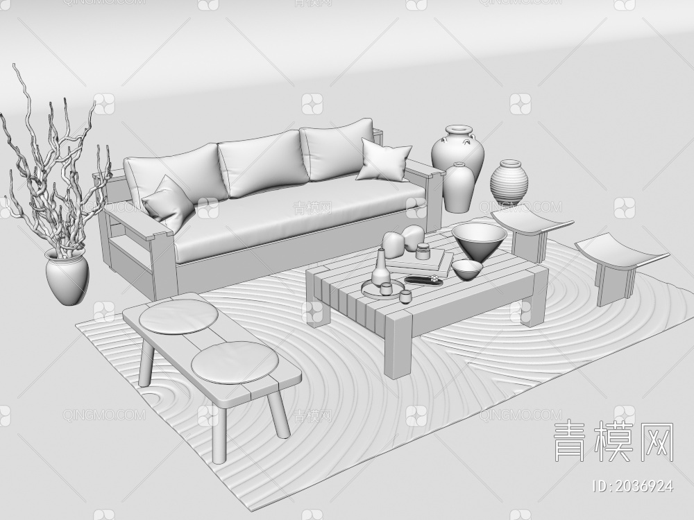 沙发茶几组合3D模型下载【ID:2036924】