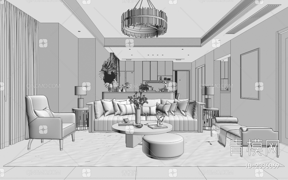 客餐厅 沙发茶几 装饰摆设3D模型下载【ID:2036069】