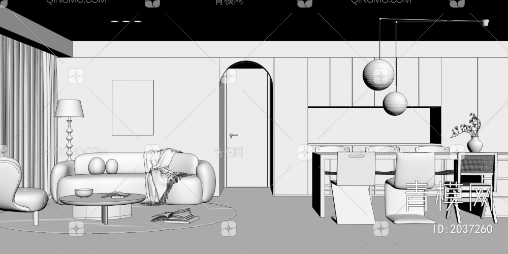客餐厅 沙发组合 弧形沙发 奶油风桌椅 吊灯3D模型下载【ID:2037260】
