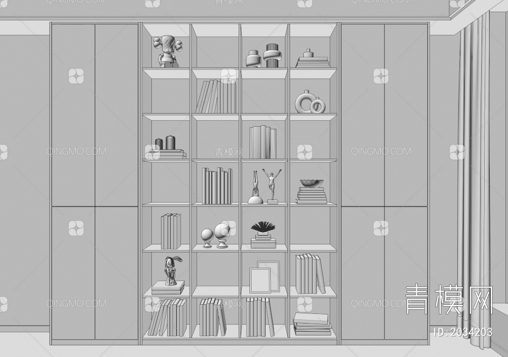 书柜 装饰柜 书柜 书籍组合 书架 摆件 装饰摆件 开放实木书柜3D模型下载【ID:2034203】