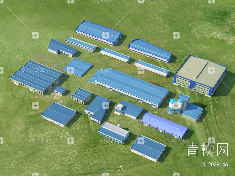钢构厂房 建筑 效果图3D模型下载【ID:2038146】