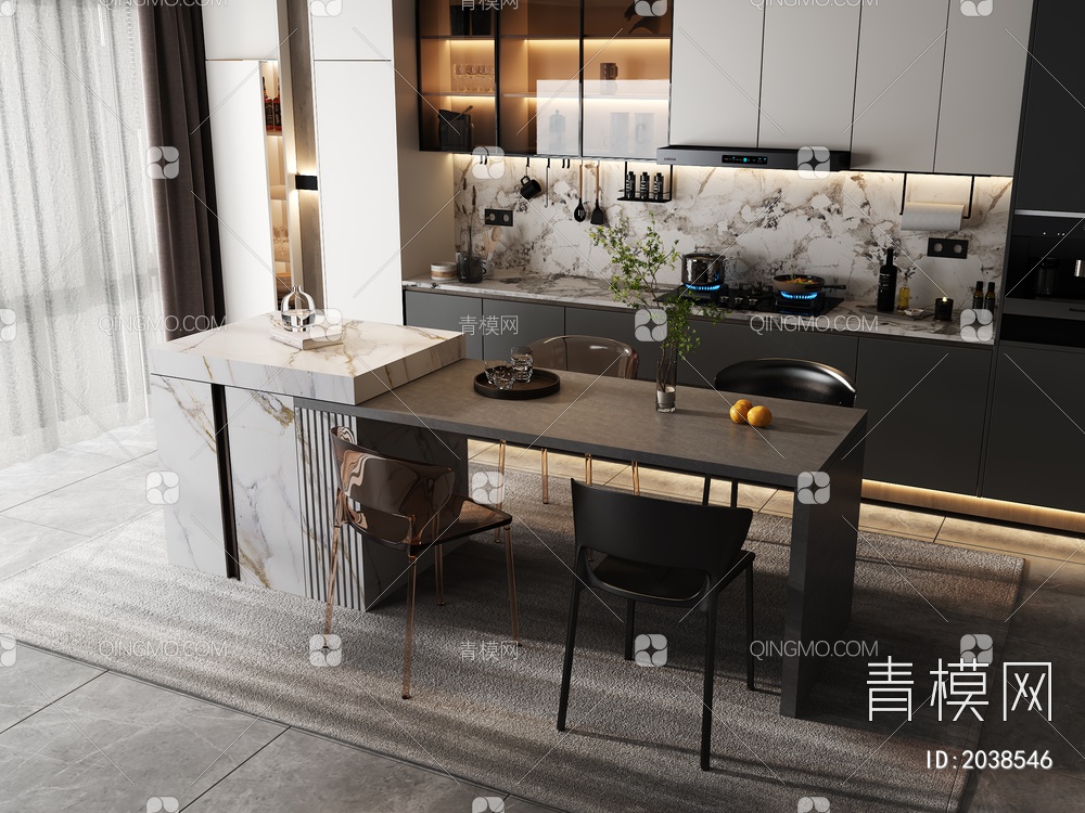 中岛台  中岛台餐桌椅3D模型下载【ID:2038546】