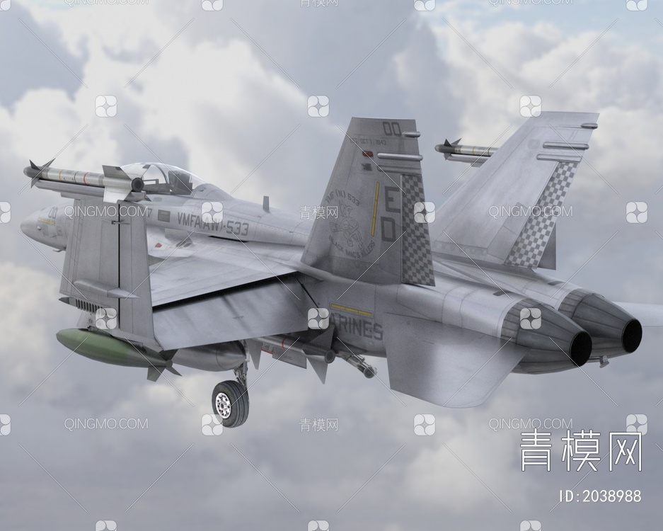 F18舰载机带驾驶舱控制台舱门可开关3D模型下载【ID:2038988】