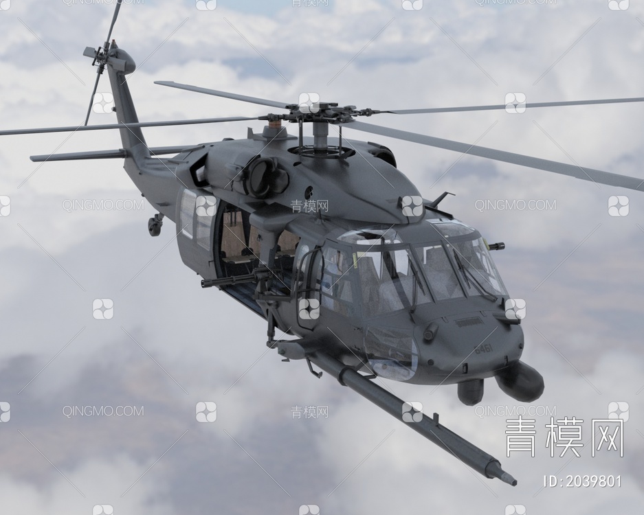 HH60铺路鹰救援机型直升机带内饰门可开关3D模型下载【ID:2039801】