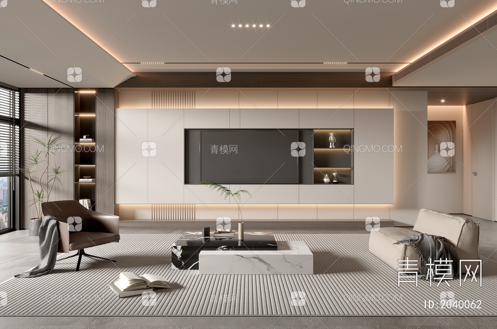 家居客厅 电视背景墙 客厅 茶几组合 沙发 电视柜 极简客厅3D模型下载【ID:2040062】