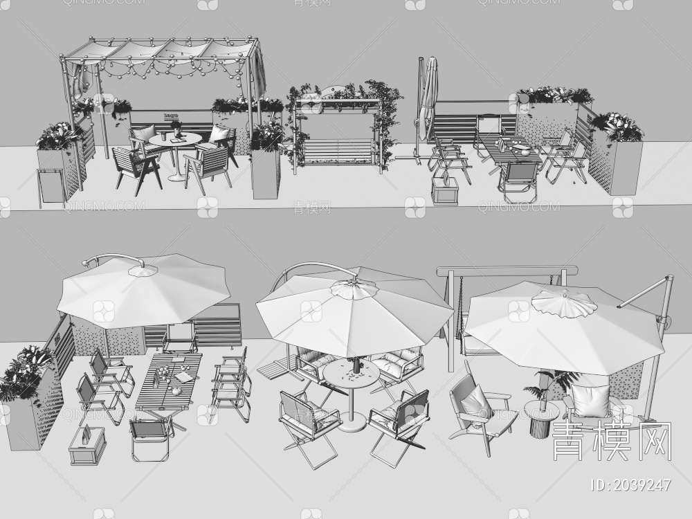户外休闲桌椅 太阳伞 商业外摆3D模型下载【ID:2039247】
