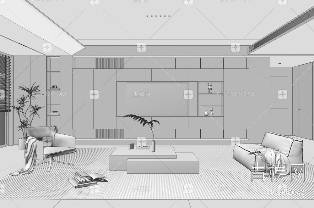 家居客厅 电视背景墙 客厅 茶几组合 沙发 电视柜 极简客厅3D模型下载【ID:2040062】