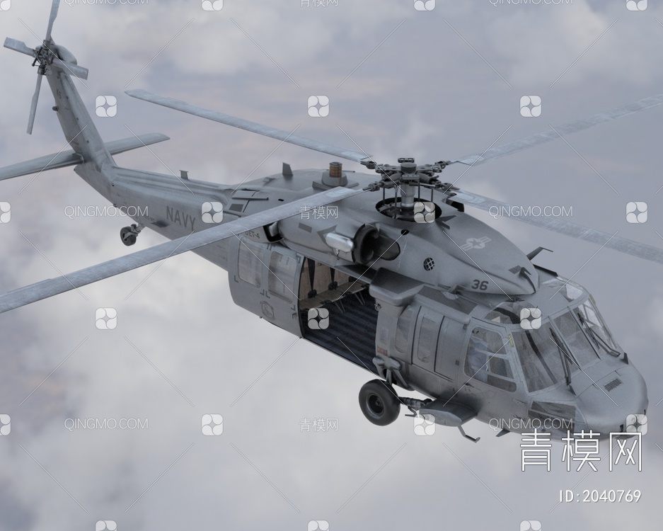 mh60s海鹰直升机带驾驶舱控制台机舱门可开关3D模型下载【ID:2040769】