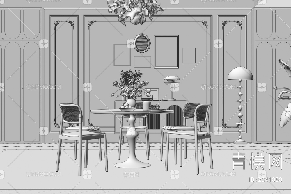 复古餐厅 餐桌椅 吊灯3D模型下载【ID:2041050】