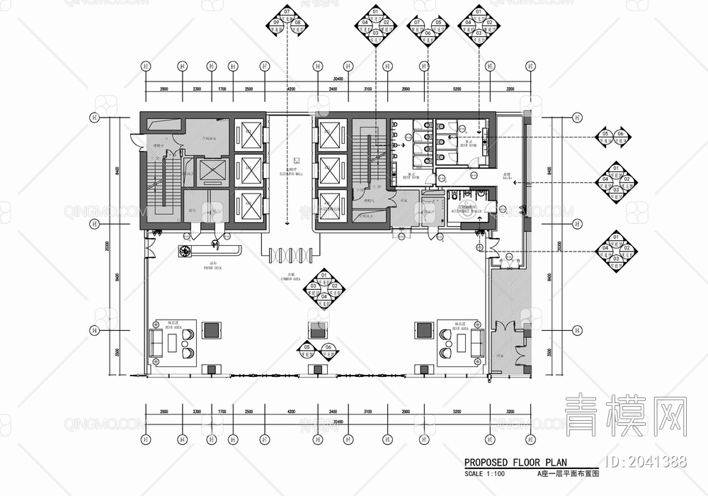 办公楼大堂及公区电梯厅施工图  大堂 电梯厅 公区 走道 卫生间【ID:2041388】