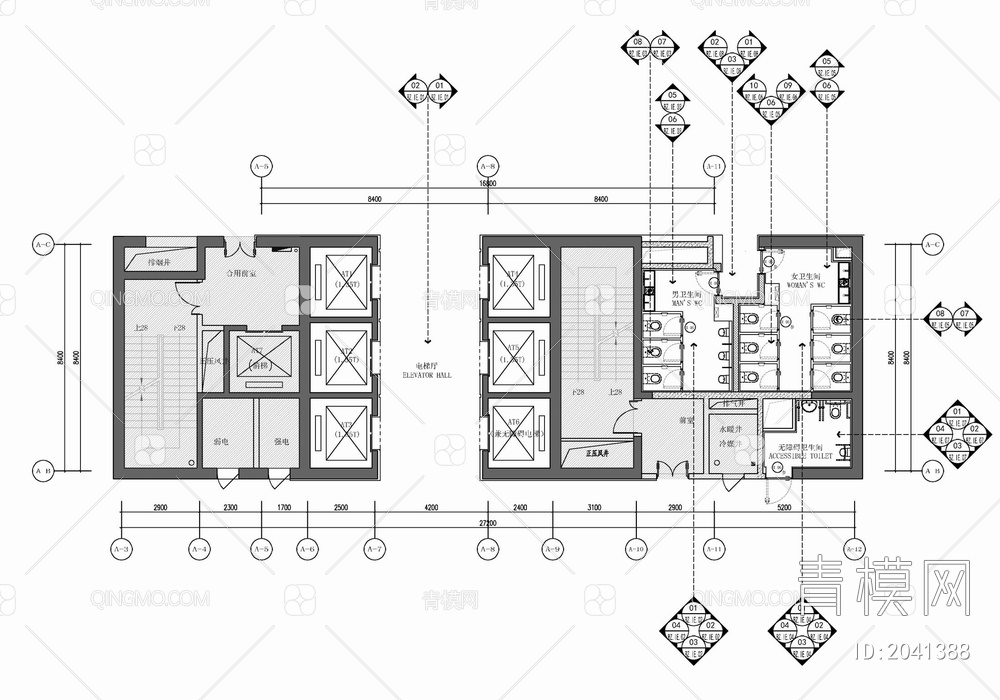 办公楼大堂及公区电梯厅施工图  大堂 电梯厅 公区 走道 卫生间【ID:2041388】