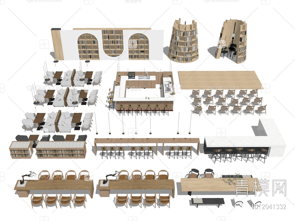 图书馆书桌椅组合SU模型下载【ID:2041332】
