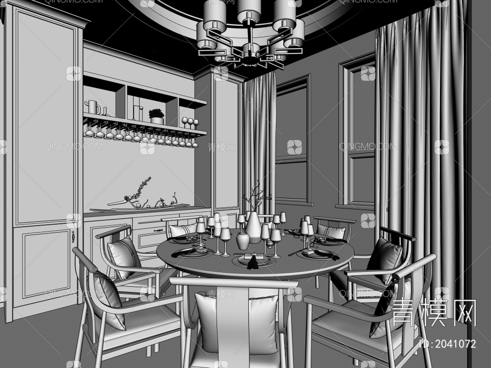 厨房 餐厅   餐厅 餐桌   吊灯 集成灶 冰箱 整体厨房3D模型下载【ID:2041072】