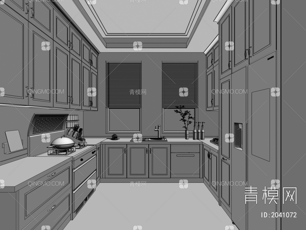厨房 餐厅   餐厅 餐桌   吊灯 集成灶 冰箱 整体厨房3D模型下载【ID:2041072】