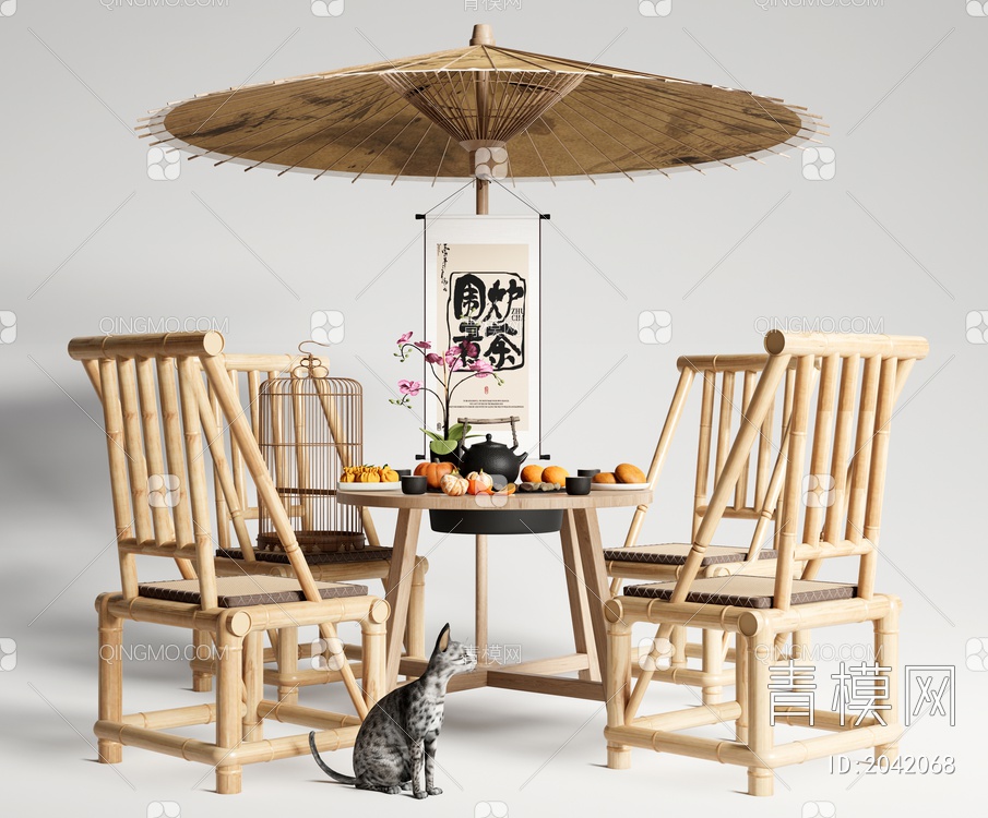 户外桌椅组合 竹编茶桌椅 围炉煮茶 食物 遮阳伞3D模型下载【ID:2042068】