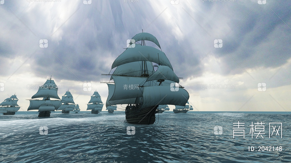 近代帆船航海 航行的帆船3D模型下载【ID:2042148】