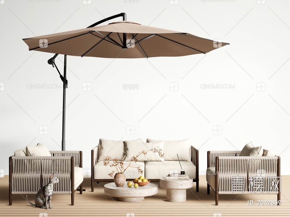 Solaria藤编户外沙发组合 庭院沙发遮阳伞3D模型下载【ID:2042859】