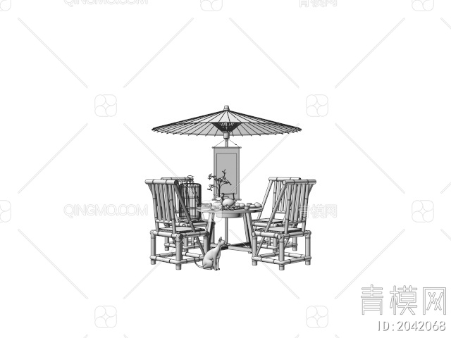 户外桌椅组合 竹编茶桌椅 围炉煮茶 食物 遮阳伞3D模型下载【ID:2042068】