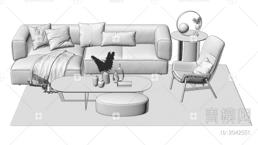 沙发座椅茶几摆件组合 多人沙发 单人沙发3D模型下载【ID:2042551】