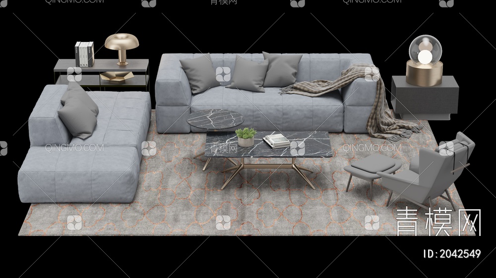 沙发座椅茶几摆件组合 多人沙发 单人沙发3D模型下载【ID:2042549】