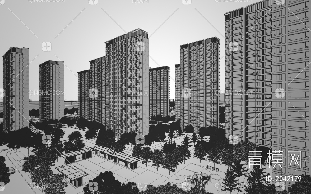 高层住宅 住宅半鸟瞰 内廷景观 内廷场景3D模型下载【ID:2042179】
