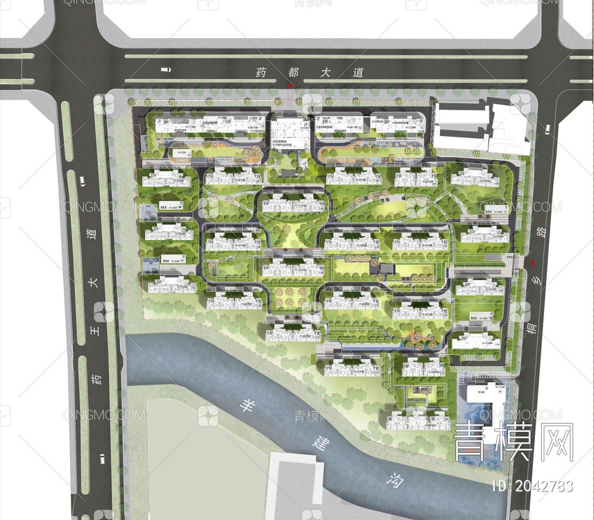 psd免抠小清新住宅小区彩平图贴图psd下载【ID:2042783】