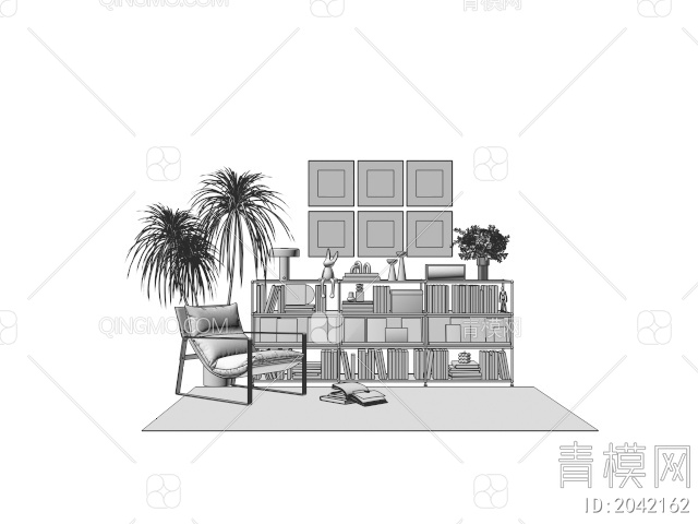 USM书柜 装饰柜 边柜 书籍摆件 装饰挂画 休闲椅3D模型下载【ID:2042162】