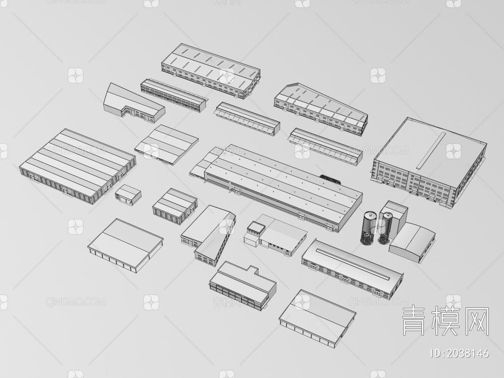 钢构厂房 建筑 效果图3D模型下载【ID:2038146】