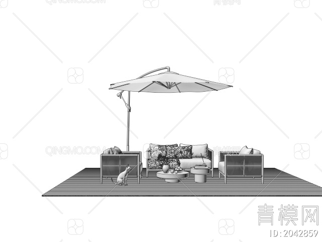 Solaria藤编户外沙发组合 庭院沙发遮阳伞3D模型下载【ID:2042859】
